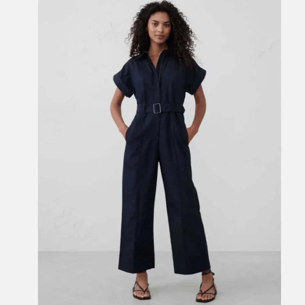 Banana Repubic Linen-Blend Belted Jumpsuit Navy Blue Size LARGE #705878 NWT $150